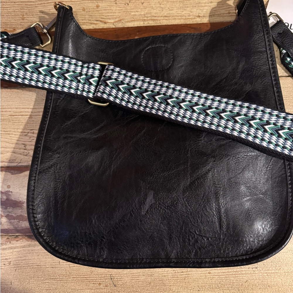 Black Vegan Leather Messenger Bag with strap